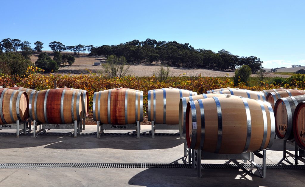 Kalleske Winery barrels overlooking vineyard 2